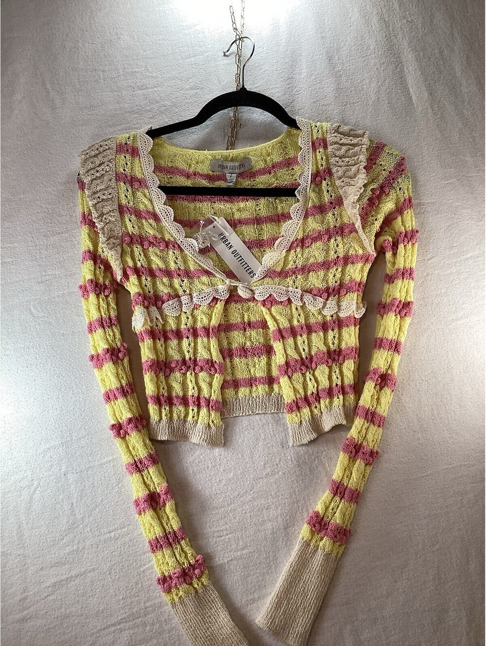 URBAN OUTFITTERS YELLOW PINK STRIPED CROCHETED TOP BLOUSE Small NWT!